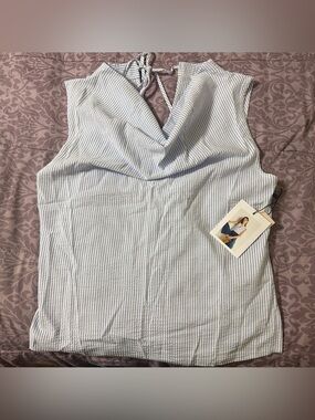 Nation Los Angeles Sleeveless Blue & White Striped V-Neck Tie-Back Top